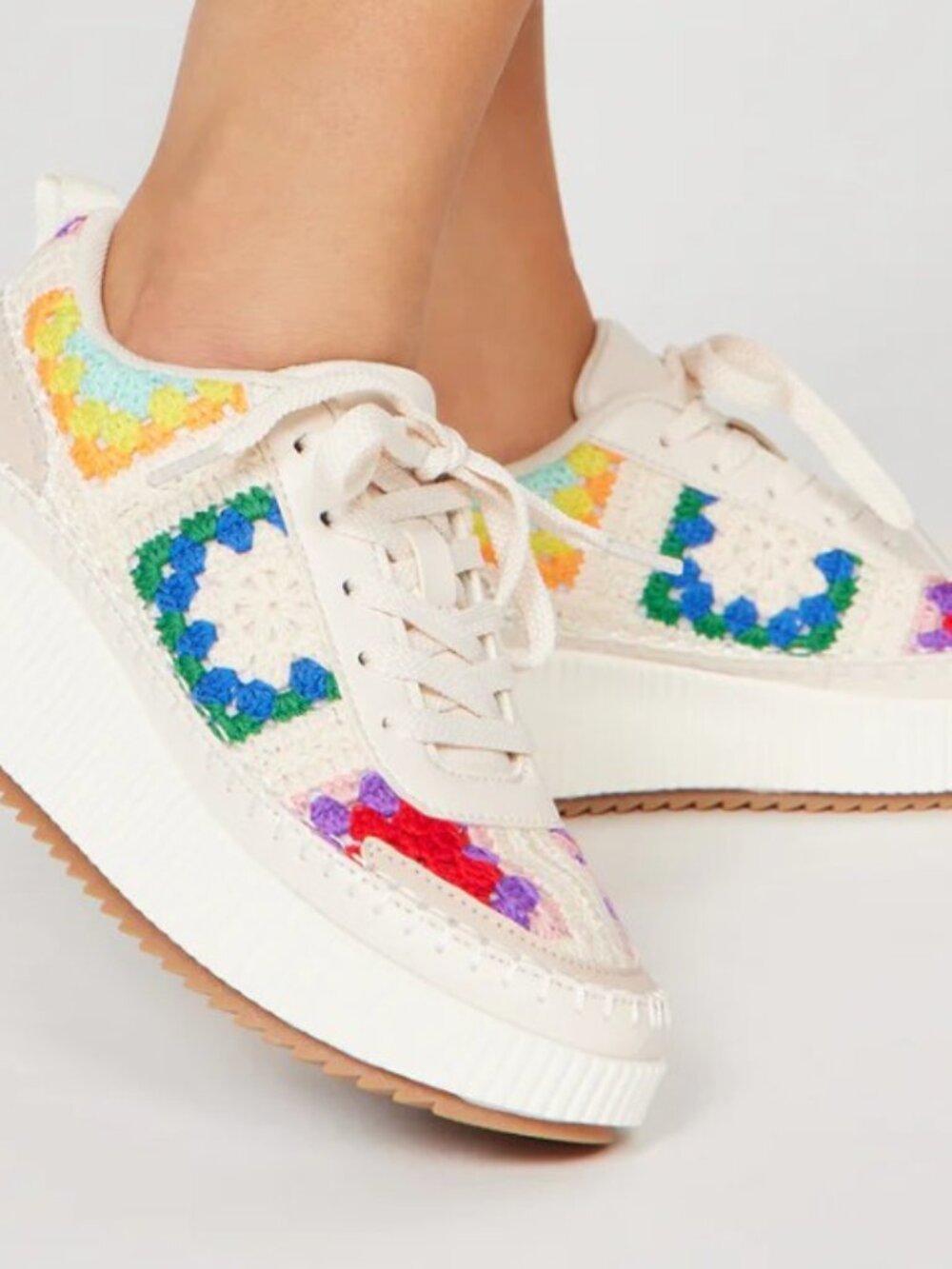 Berness 10 Crochet Granny Square Multi Color Platform Sneakers Beige White Brown